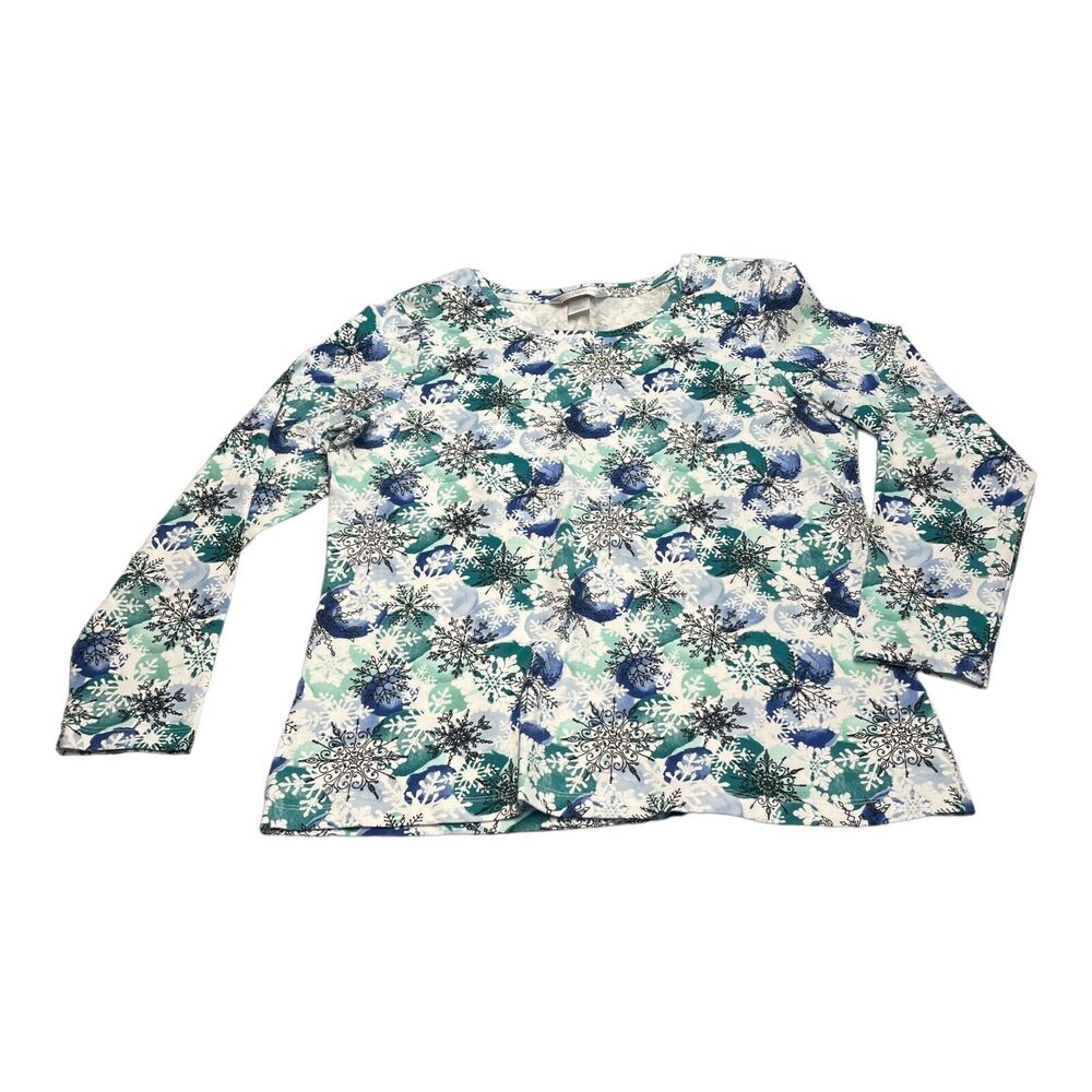 Christopher & Banks Shirt Women Medium Petite Multicolor Snowflake Print Stretch - Picture 1 of 9